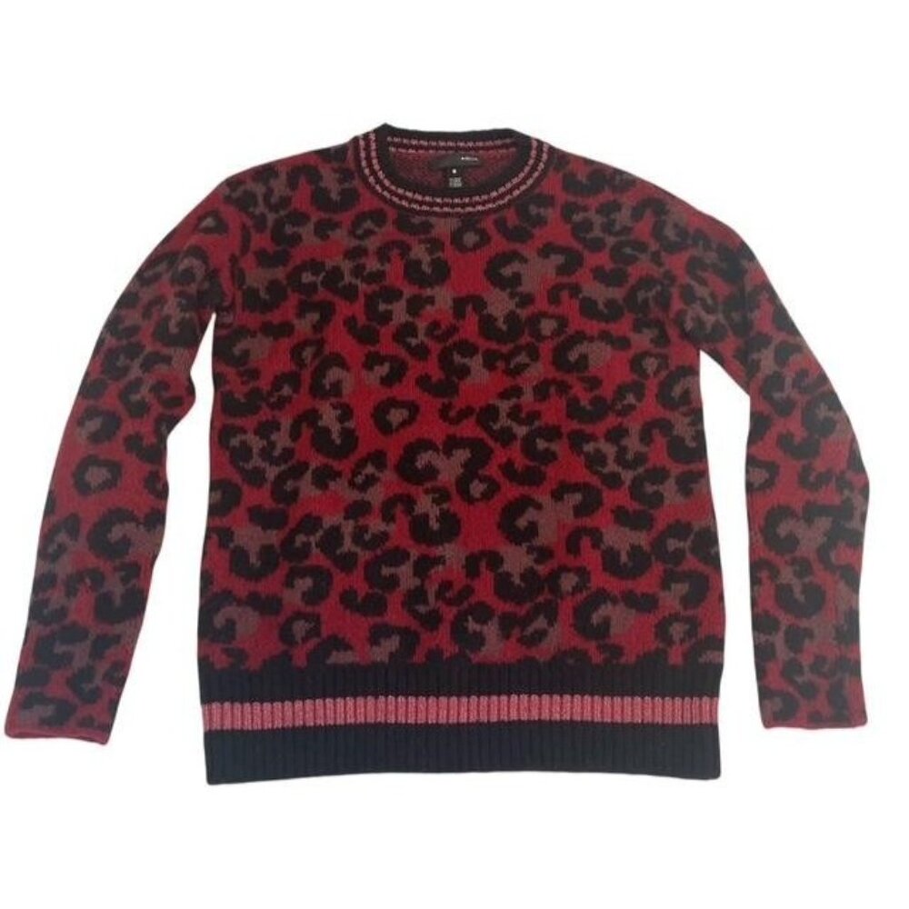 AQUA Red Leopard Print Knit Sweater XS Crewneck Long Sleeve